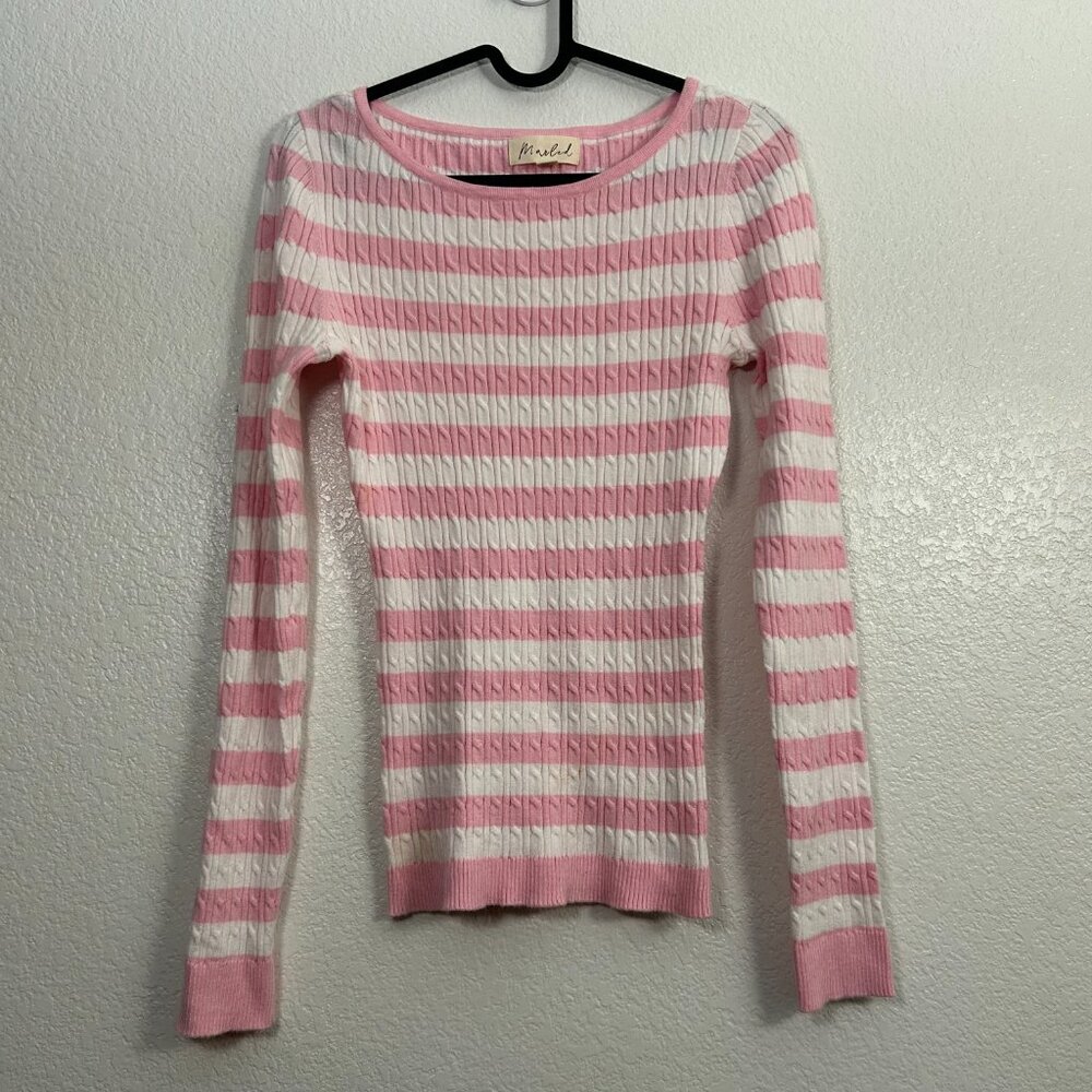 Marled Striped Cable Knit Fitted Sweater Preppy Tennis Academia - Picture 1 of 4
